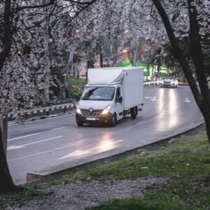 white van on road near trees during daytime